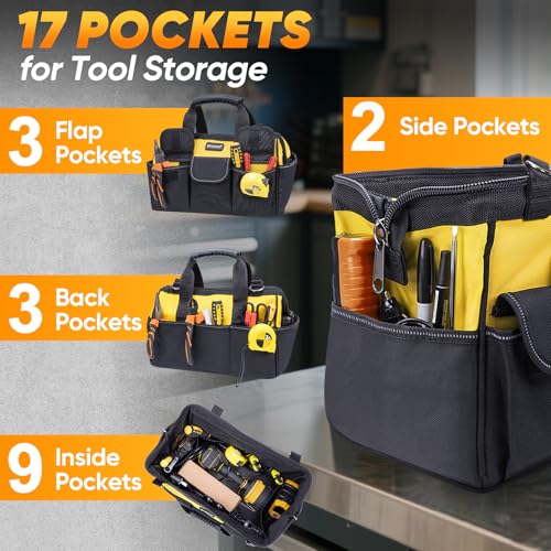 TICONN Tool Bag with Multi-Pockets Wide Mouth Tool Tote with Safety Reflective Straps, Adjustable Shoulder Strap and Ergonomic Handle (Yellow, 16" Standard Base) - color: Yellow, size: 16" Standard Base