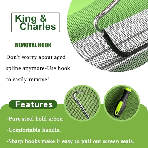 King&Charles Screen Repair Kit/Tool, Screen Roller Tool, Steel Roller with Bear, 32 ft Spline, Removal Hook, 3 in 1 Window Repair Kit, for Installing Door Window Mesh. - size: 3 in 1