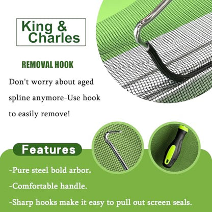 King&Charles Screen Repair Kit/Tool, Screen Roller Tool, Steel Roller with Bear, 32 ft Spline, Removal Hook, 3 in 1 Window Repair Kit, for Installing Door Window Mesh. - size: 3 in 1
