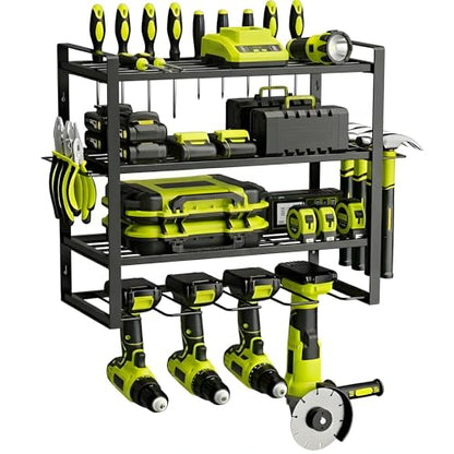 Wall Mount Tool Organizer, 3-Layer Heavy Duty Metal Rack for 4 Drills, with Screwdriver and Hammer Holder, 150 Lbs Capacity, Garage and Workshop Storage (trumpet, 4-4)