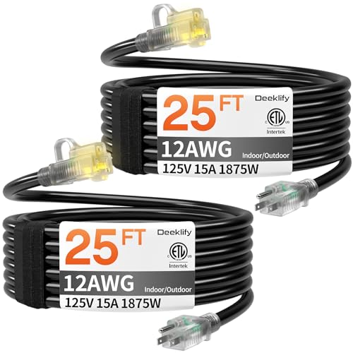 12AWG 25 FT 2 Pack Heavy Duty Outdoor Extension Cord Waterproof with Lighted End, Black 12 Gauge Extension Cord Flexible and Cold Resistant 3 Prong Grounded Plug,15Amp 1875W SJTW ETL Listed - size: 25ft-2pcs