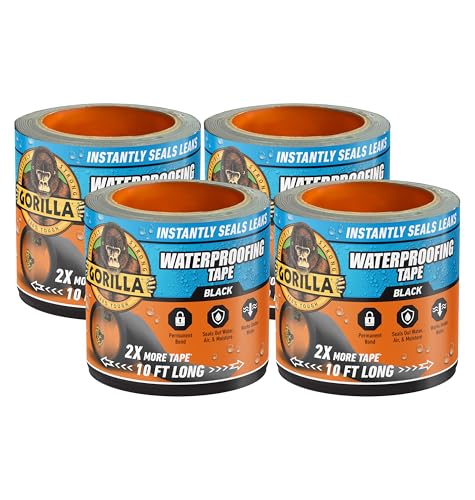 Gorilla Waterproof Patch & Seal Tape, Black Tape, 4" x 10' (Pack of 4) - Permanent Weather Resistant Seal for Leaks and Repairs - size: 4 - Pack