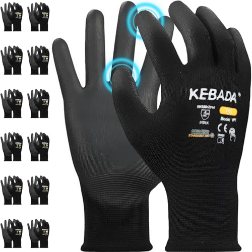 Kebada W1 Work Gloves for Men and Women, PU Coated Safety Gloves with Grip, Touchscreen, Ideal for Warehouse Package Handling, Construction, Gardening, Black X-Small - color: Black, size: X-Small