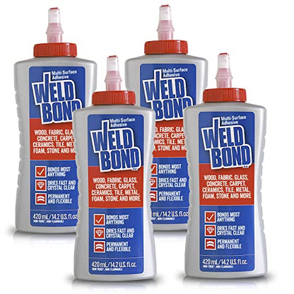 Weldbond Multi-Surface Strong Glue – Fast Drying Glue for Wood, Tile, Ceramic, Pottery, Glass, Metal & More – Heavy Duty Adhesive for Mosaic, Crafts, Wood Working & Repairs – 14.2oz (420ml), 4 Pack - size: 4-pack