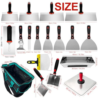 18 Pieces Drywall Hand Tool Kit, Putty Knife Set with Mud Pan, Aluminum Hawk, Finishing Trowel, Painter Scraper, Inside & Outside Drywall Corner Trowel and Carry Bag, Taping Knife Hand Tools - size: Drywall Knife Set, 18 Pcs