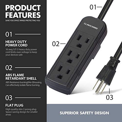 Power Strip with Flat Plug - 3 Ground Sockets 7 Inch Heavy Duty Braided Extension Cord Flat Plug Mountable Socket Strip for Computer/Home/Office