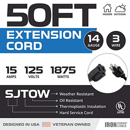 Iron Forge Cable 14 Gauge Outdoor Extension Cord 50 Ft, SJTOW 14/3 Heavy Duty Black Extension Cord 3 Prong, Oil Resistant & Flame Retardant - size: 50 Foot