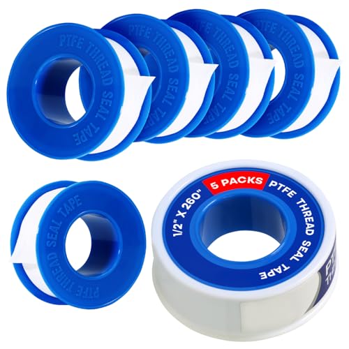 Supply Giant Plumbers PTFE Tape 1/2" W x 260" L 5 Rolls Pipe Thread Tape, High Density Thread Sealant Tape Water Seal Plumbing Tape for Shower Head, Pipes, Gas Lines, Leak Prevention - size: 260", style: Pack of 5