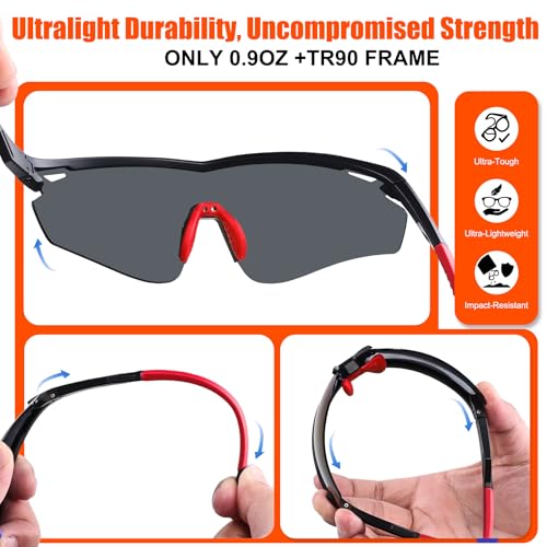 Polarized Sports Sunglasses for Men Women,Wrap Around Sun Glasses for Running Cycling Baseball Fishing Golf Hiking - color: Black Red