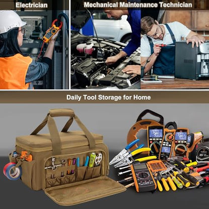 Rexmica 14-Inch Tool Bag with Anti-friction Bottom, Hand Tool Storage Organizer for Men, Tactical Range Bag, Multi-purpose Work Tote for Repairman, Carpenters, Handyman, Khaki