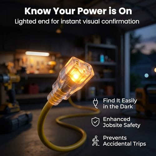 GEARit 100 ft Outdoor Extension Cord 10/3 Gauge SJTW 10 AWG, 3-Prong Heavy Duty Power Cable with Lighted End, 15A 125V 1875W, Waterproof Cord for Tools, Lawn & Garden, Yellow - size: 10 AWG Gauge, style: 100 Feet (SJTW Rated)