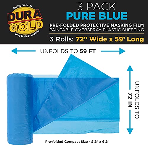 Dura-Gold 72" x 59' Pure Blue Pre-Folded Masking Film, (3 Pack) Painters Plastic Roll (0.4 Mil), Pull Down Drop Sheet, Pre-Folded Plastic Sheeting for Painting Protection on Auto, Walls, Furniture - size: 72-inch