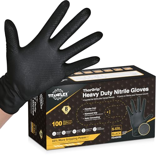 TitanFlex ThorGrip Heavy Duty Black Industrial Nitrile Gloves, Large, Box of 100, Latex Free, Raised Diamond Texture, Powder Free, Food Safe, Mechanic Gloves
