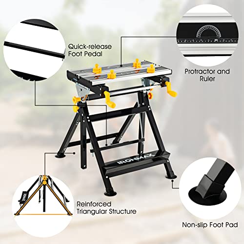 Portable Workbench, Folding Work Bench and Vise with 2 Rotary Handles, 7-Level Adjustable Height, 8 Sliding Clamps, Tiltable & Extendable Tabletop, Workbench Table for Garage, Workshop