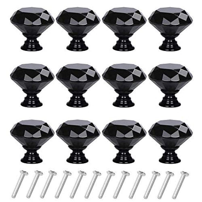 YourGift 12 Pack Drawer Knobs Diamond Shaped Crystal Glass 30mm Cabinet Knobs Pull Handles (30 mm, 12 Pack, All Black) - color: All Black, size: 30 mm, 12 Pack