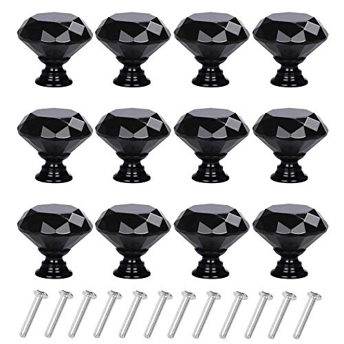 YourGift 12 Pack Drawer Knobs Diamond Shaped Crystal Glass 30mm Cabinet Knobs Pull Handles (30 mm, 12 Pack, All Black) - color: All Black, size: 30 mm, 12 Pack