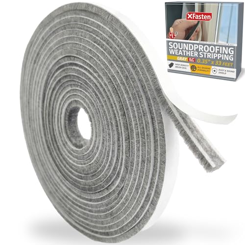 XFasten Self Adhesive Weather Stripping for Windows and Doors, 0.35" x 33 Ft Soundproofing Door Brush Seal Draft Stopper, Gray Insulation Seal Strip for Summer Heat, Winter Draft Blocker, 0.2" Thick - size: 0.2" Thick (0.35-Inch x 33 Feet)
