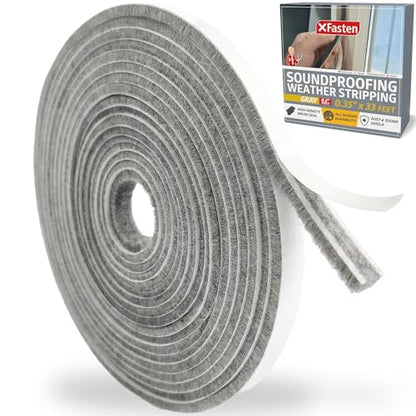 XFasten Self Adhesive Weather Stripping for Windows and Doors, 0.35" x 33 Ft Soundproofing Door Brush Seal Draft Stopper, Gray Insulation Seal Strip for Summer Heat, Winter Draft Blocker, 0.2" Thick - size: 0.2" Thick (0.35-Inch x 33 Feet)