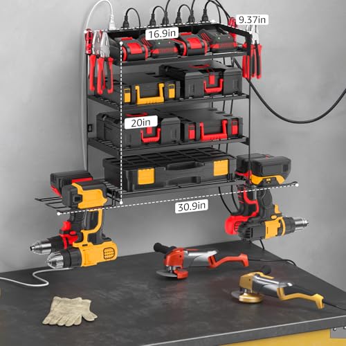 CCCEI Garage Tools Storage with Charging Station. Power Tool Battery Organizer Utility Shelf with Power Strip. 4 Drills Holder Wall Mount Rack, Black 4 Layer. - size: Small, style: 4 Layer