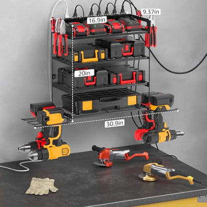 CCCEI Garage Tools Storage with Charging Station. Power Tool Battery Organizer Utility Shelf with Power Strip. 4 Drills Holder Wall Mount Rack, Black 4 Layer. - size: Small, style: 4 Layer