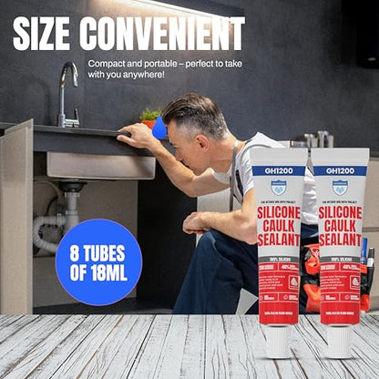 GH1200 18 ML x 8 PCs Silicone Caulk Clear Silicone Sealant Waterproof, Kitchen & Bathroom Caulk - Shrink & Crack Proof - Pocket-Friendly Small Size Indoor & Outdoor Use Silicone Glue - Strong Caulking - style: 18ML x 8PCs Clear Sealant