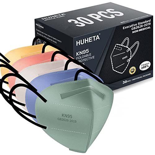 HUHETA KN95 Face Masks for Adults, Packs of 30 KN95 Mask with 5-Ply Mask Protection, Individually Wrapped Face Masks, Morandi Multi Color - color: Morandi (Green+blue+yellow+beige+pink)