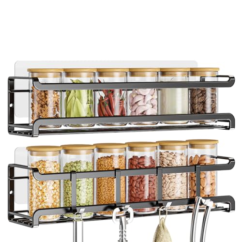 Bunoxea Spice Rack wall mounted 2 Pack, Space-Saving Spice Organizer for Spice Jars and Seasonings,Screw or Adhesive Hanging Spice Rack Organizer for Your Kitchen Cabinet,or Pantry Door - color: Black, size: 2Pack