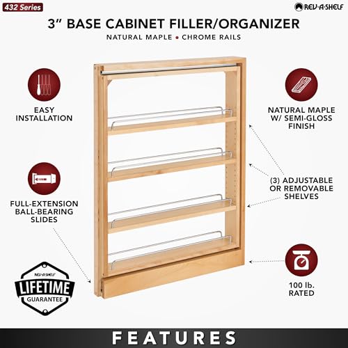 Rev-A-Shelf Pullout Shelf Organizer for Base Kitchen or Bathroom Cabinets, Wood Filler Pantry Storage or Spice Rack, Maple, 3" x 23" x 30", 432-BF-3C - size: 3" W