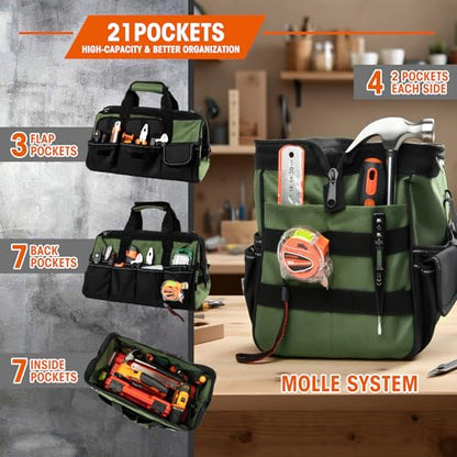 LLNDEI Heavy Duty Tool Bag, 15.7 Inch Portable Tool Organizer With 16-Pocket, Adjustable Strap & MOLLE System,Ideal Gift For Men & Fathers
