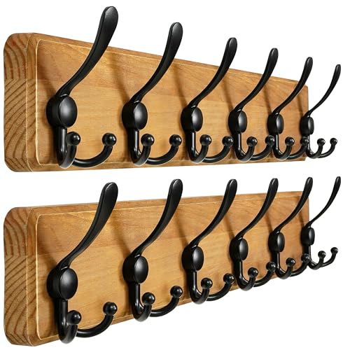 Dseap Coat Rack Wall Mounted - 24" Long 6 Tri Hooks, Heavy Duty Wooden Wall Coat Hanger Coat Hook for Clothes Hat Jacket Clothing, Weathered Brown and Black, Pack of 2 - color: Weathered Brown & Black, size: L=24"
