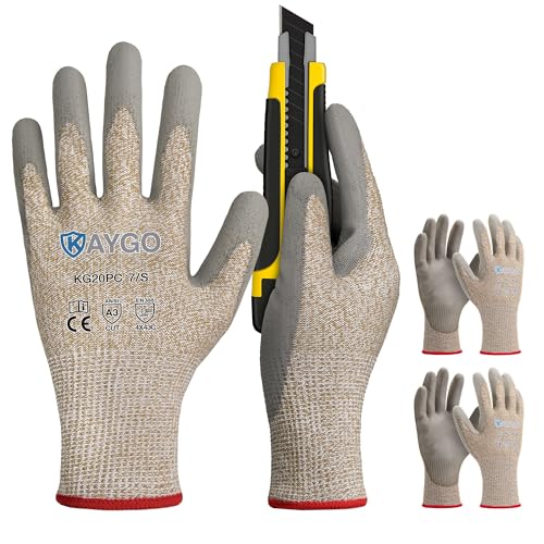 KAYGO Cut Resistant Gloves Polyurethane Coated, 3 Pairs ANSI Cut Level A3, Superior Grip Performance,Safety Work Gloves For Men and Women, Ideal for General Duty Work,S - color: Beige Ansi A3, size: Small