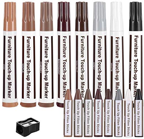 Furniture Markers,17PCS Wood Repair Markers Touch Up Filler Wax Sticks with Sharpener Kit for Floors, Tables, Door, Stairs, Wooden Furniture Stains Scratch Cover Crayon Color Restore Pen Set