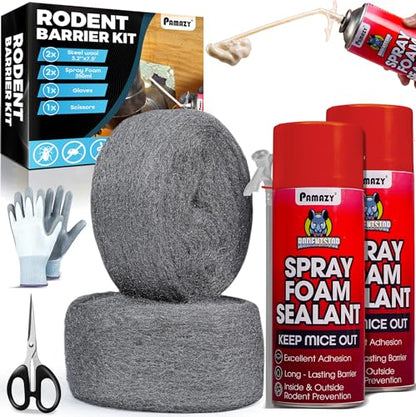 [Upgraded] Rodent Barrier Kit, 2Pcs Steel Wool Included 2Pcs PU Spray Foam for Mice Control, 3.2"x7.5’ Rodent Control Fill Fabric, Gloves, Scissors, Gap Blocker in Hole Pipeline Vent in House, Garage - style: 2Pcs Steel Wool + 2Pcs Spray Foam