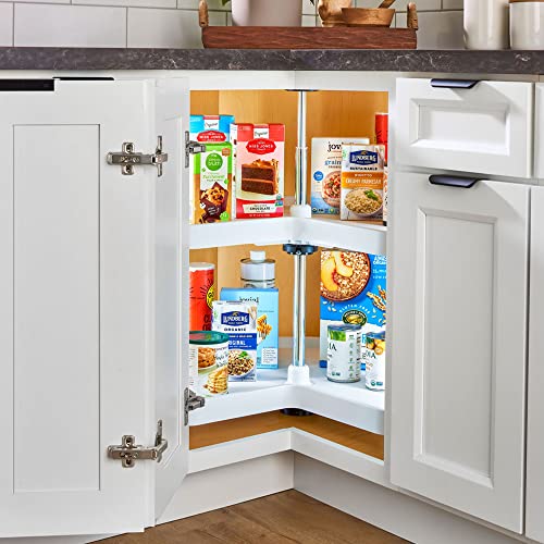 Rev-A-Shelf 2 Tier Kidney Cut Lazy Susan for Corner Base Cabinets, Plastic, 28" Double Shelf Swivel Kitchen Spice/Can Organizer, White, 3472-28-11-52 - size: 28 inch