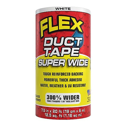 Flex Duct Tape, Super Wide, 7.5 Inches x 20 Feet, White, Heavy Duty Strong, Multi-Surface, Water, Weather and UV Resistant, Tearable, Perfect for Boxes, No Residue - color: White, size: 7.5" x 20'