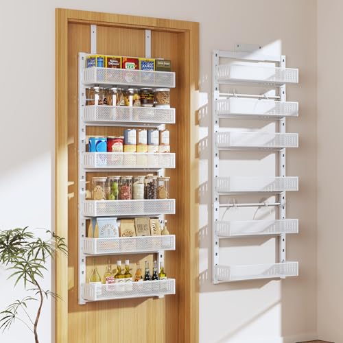 Pantry Door Organizers and Storage, 6-Tier Large Metal Heavy-Duty Frame Over the Door Spice Rack, 2 in 1 Wall-Mounted or Hanging shelf for Kitchen, Bathroom, Laundry Room, Bedroom, Closet &Nursery - color: White, size: 17.2"W-6 tier