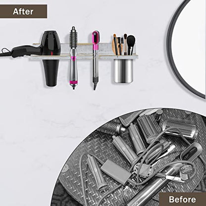 Hair Tool Organizer Wall Mounted, Sturdy Pine Wood Construction, Removable Stainless Steel Cup, Holds Hair Dryers, Straighteners, Curling Irons, Brushes, and More, White - color: White