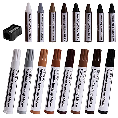 SEISSO Furniture Markers Touch Up - Set of 17 - Furniture Scratch Repair Markers Kit, Wood Touch Up Markers and Wax Sticks with Sharpener, for Scratches, Stains, Floors, Laminate, Cabinet - color: 8 + 8 Colors