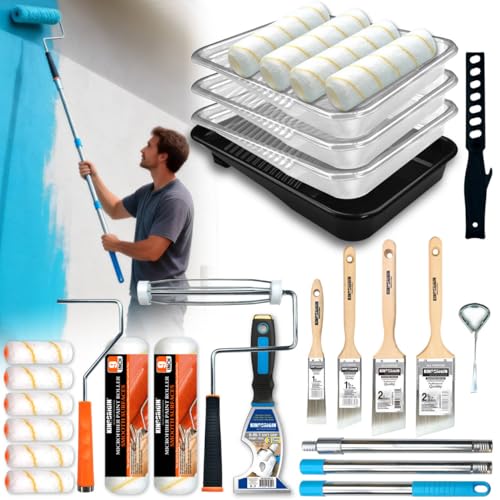 28 Pcs Paint Tray Set, Paint Brush for Wall, Paint Tray, 9" & 4" Paint Roller Covers with Roller Frame, Stainless Steel Pole, House Painting Supplies for Painting Walls, Ceilings, Trim - color: 28 Pack, 9" Paint Trays