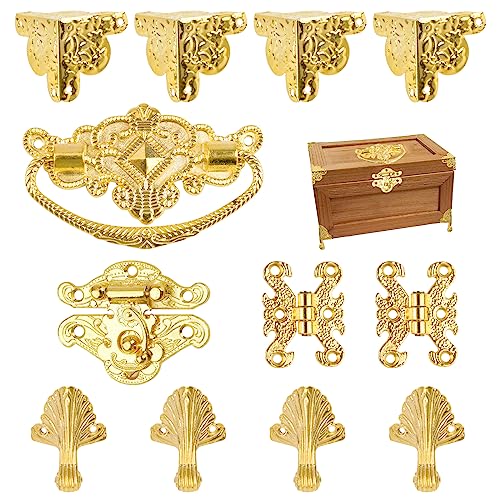 MOROBOR Gold Jewelry Box Antique Lock Latch Hasp Hinges Handle Box Corner Protectors Kit for DIY Jewelry Box, Wood Case Jewelry Chest Storage Box Feet Leg Corner Protector Set, Box not Included - color: Gold