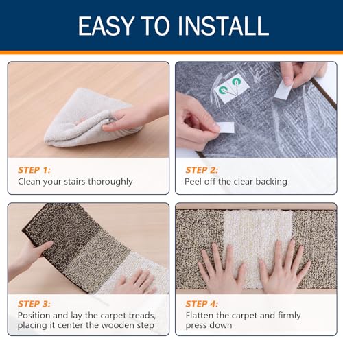 OLANLY Stair Treads Non Slip 15PCS, 8" x 30" Indoor Stair Runners for Wooden Steps, Edging Stair Rugs with Reusable Peel and Stick Adhesive for Kids Elders and Pets, Light Brown - color: Light Brown