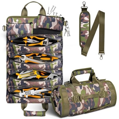 Tool Bag, Heavy Duty Tool Organizer, Portable Tool Pouch for Men with 2 Small Detachable Pouches, Foldable Carrying Tool Storage, Mechanic & Electrician Dad Birthday Gifts, Camo-Green - style: Non-detachable