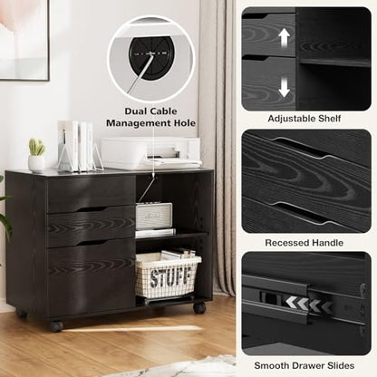 DUMOS Lateral File Cabinet with 3 Drawers Rolling Filing Cabinets Under Desk Storage Printer Stand Wood Organizer with Wheels Adjustable Shelf for Office Home Small Space, Black - color: Modern Black