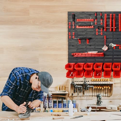 VEVOR Wall Mounted Storage Rack System, 30-Bin Parts Rack Organizer with Wall Panels/Tool Holders/Hooks, Garage Plastic Shop Tool Organizer for Nuts, Bolts, Screws, Nails, Beads, Buttons - style: 30-Bins with Tool Holders
