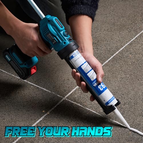 Electric Caulking Gun Cordless with 21V 2 * 2000mAh Rechargeable Batteries, 4 Adjustable Speeds up to 190 mm/min, 450LM built-in LED Light, 9 Pcs Silicone Caulking Tools set for Filling, Sealing