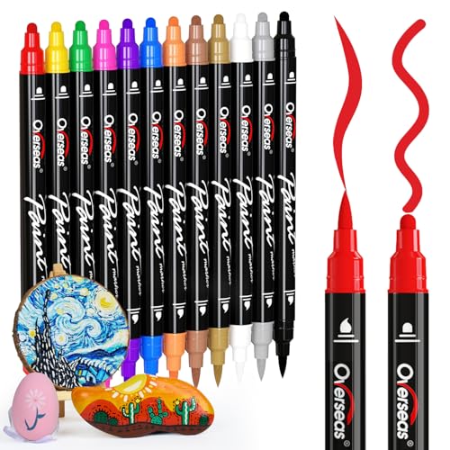 Overseas 12 Dual-Tip Acrylic Paint Markers Pens - Acrylic Paint Pens with Brush and Dot Tip, No Bleeding Coloring Marker for Wood, Rock, Glass, Metal, Ceramic, Plastic, Fabric, Teacher Supplies - size: 1 Count (Pack of 12)