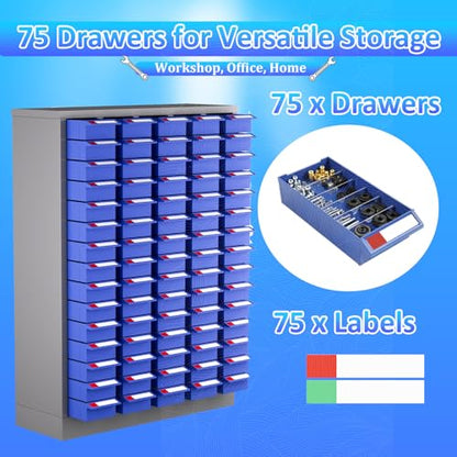 Parts Cabinet 75 Drawers Steel Hardware Organizer with Adjustable Dividers and Labels, Wall Mount Tool Storage Cabinet for Nuts Bolts Screws Washers, Garage Workshop
