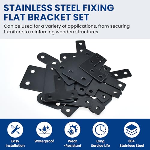 22 Pack Stainless Steel Fixing Flat Bracket Set Including Right Angle Brace Flat Straight Brace L Corner Brackets T-Shape Corner Brace with Screws ( Black )