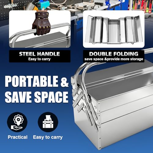 Metal Cantilever Tool Box, 3-Tier 5 Tray Fold Out Stainless Steel Tool Box with Handle, 14" Stack-able Portable Tool Storage Box Organizers Chest for Household Factory Warehouse Repair Shop
