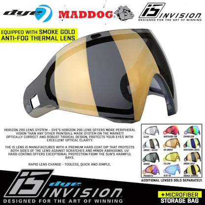 Maddog Dye i5 Thermal Anti-Fog Paintball Airsoft Mask Goggle System Combo with Microfiber Bag | Safety Certified Protection - color: Onyx Gold 2.0